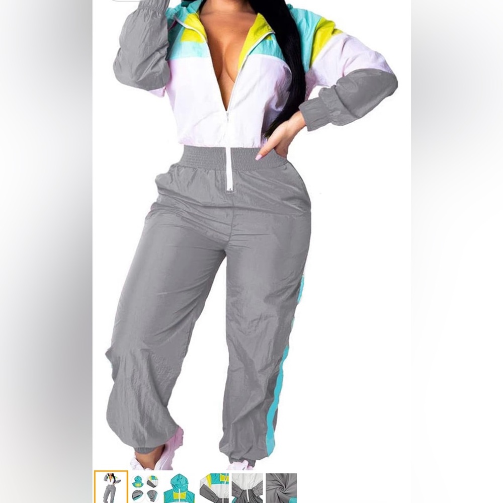 VOIKERDR Women Colorblock One Piece Outfits Set High Waist Windbreaker Jumpsuit - Picture 10 of 12